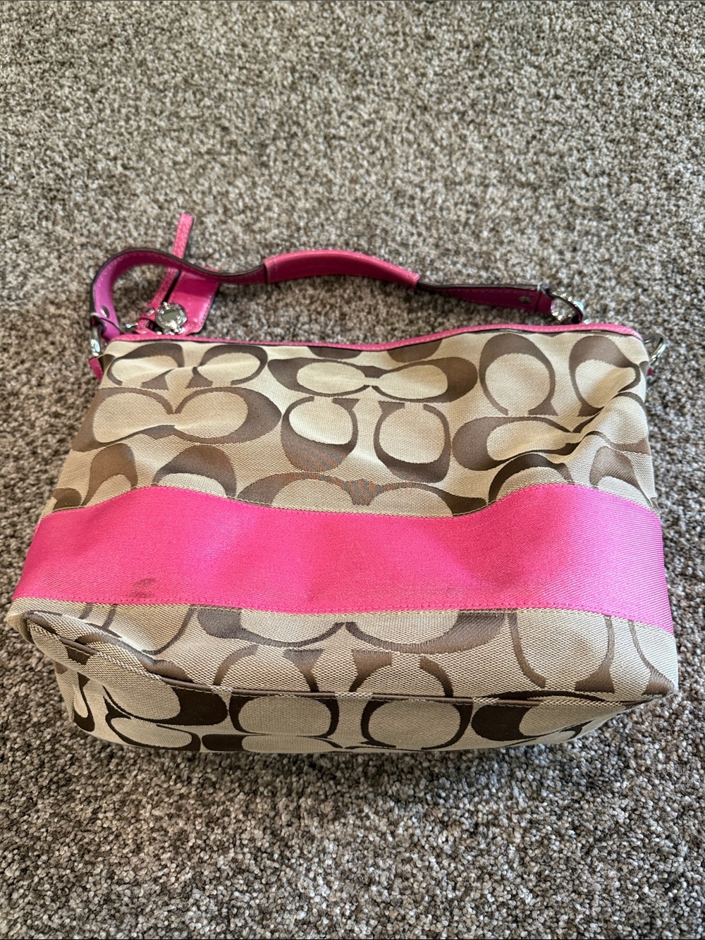 Coach Beige Signature Canvas Shoulder Bag with Pink Stripe